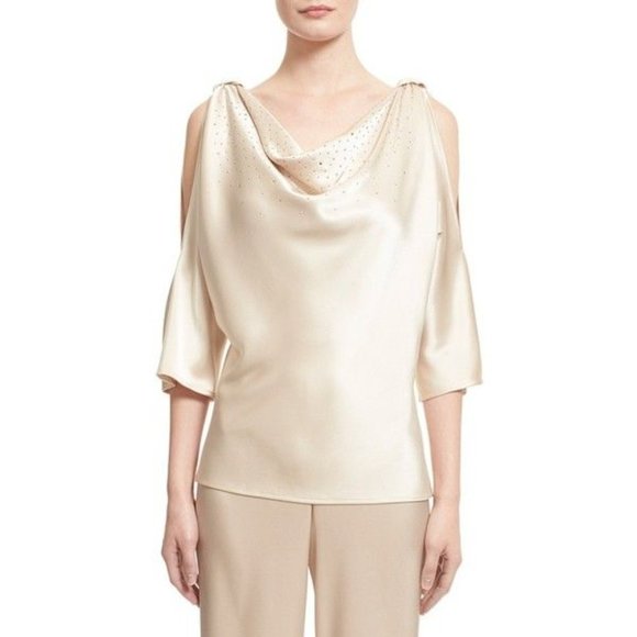 St. John Tops - St. John Embellished Liquid Satin Cowl Neck Blouse